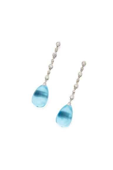 View full screen - View 1 of Lot 93. PAIR OF BLUE TOPAZ AND DIAMOND PENDANT-EARRINGS.