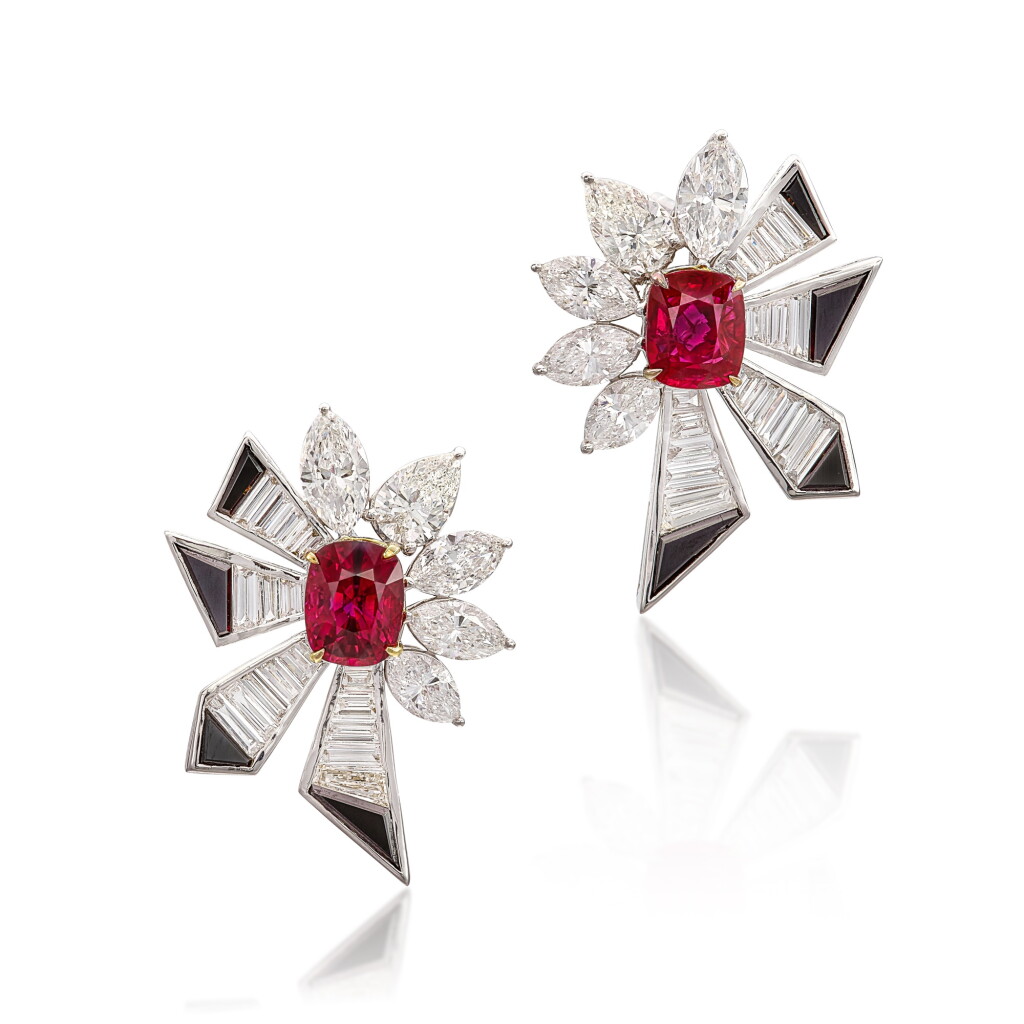 View full screen - View 1 of Lot 310. Pair of Ruby, Diamond and Onyx Earrings | 1.28 及 1.27克拉 天然「緬甸」未經加熱紅寶石 配 鑽石 及 縞瑪瑙 耳環一對.