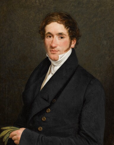 View full screen - View 1 of Lot 75. JEAN HENRI DE COENE | Portrait of a gentleman, half-length, holding his gloves.