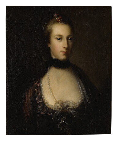 View full screen - View 1 of Lot 640. JOHN ASTLEY | PORTRAIT OF A LADY, HALF LENGTH, WEARING A PURPLE DRESS, A BLACK LACE CHOKER, A PEARL NECKLACE AND FLOWERS IN HER HAIR.