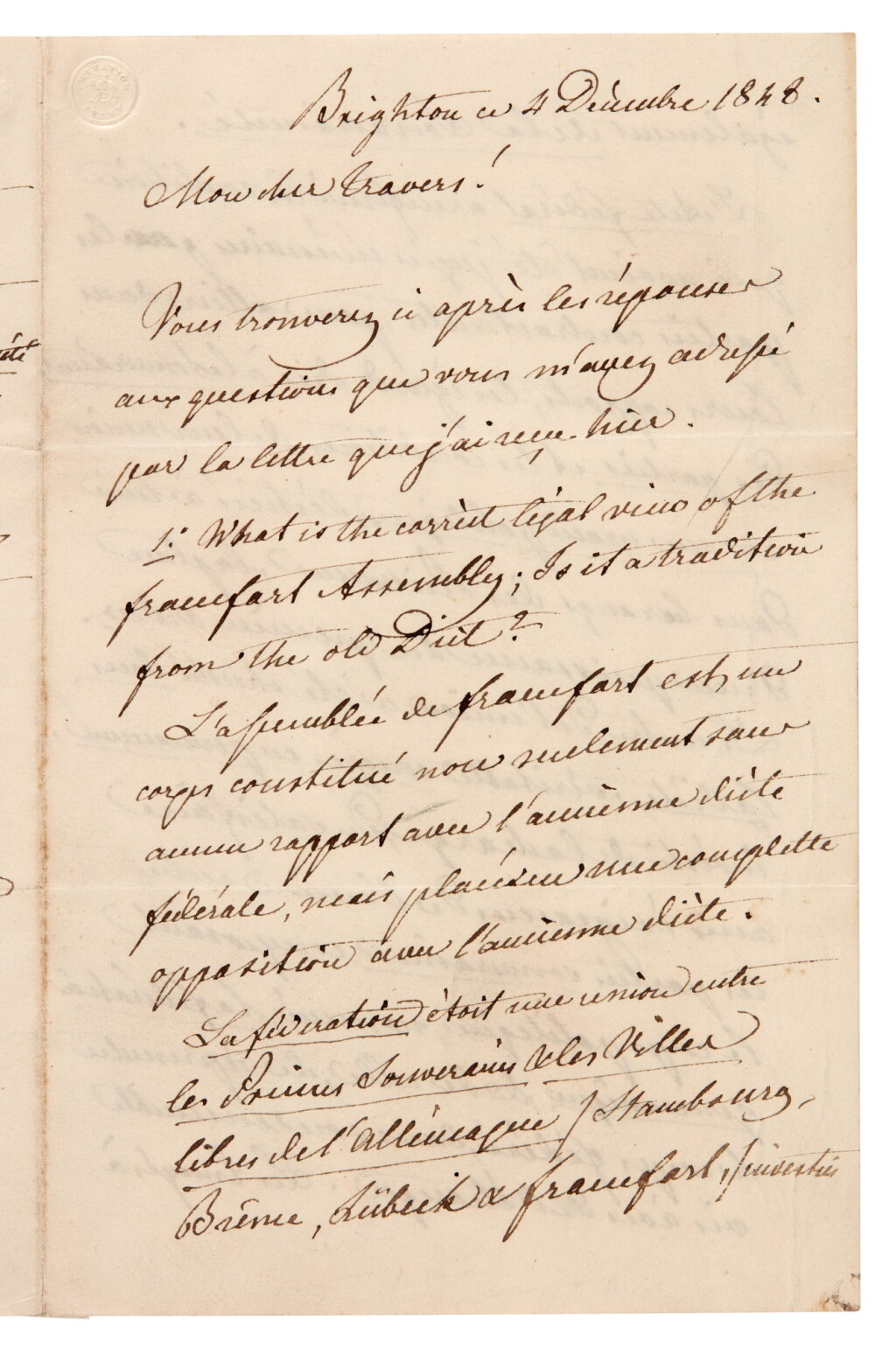 View full screen - View 1 of Lot 98. Prince Metternich | Autograph letter signed, to Sir Travers Twiss, on the Revolutions of 1848.