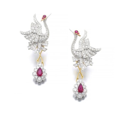 View full screen - View 1 of Lot 1103. Pair of ruby and diamond earrings.