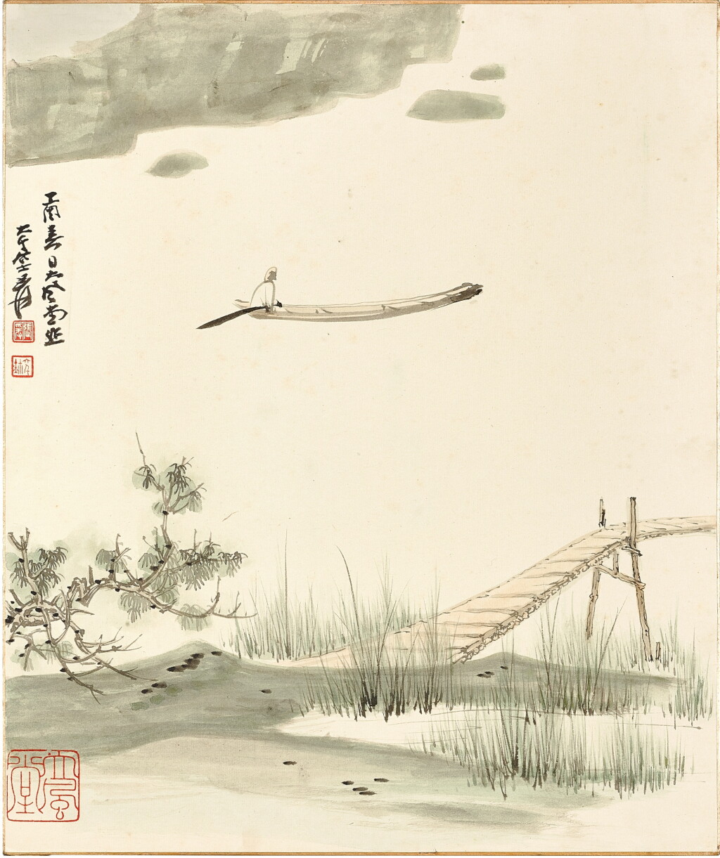 View full screen - View 1 of Lot 3012. 張大千 春水泛舟 | Zhang Daqian (Chang Dai-chien), Sailing by Lush Shore.