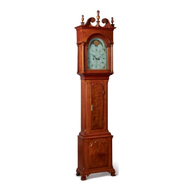 View full screen - View 1 of Lot 1681. FINE AND RARE CHIPPENDALE CARVED AND FIGURED CHERRYWOOD TALL CASE CLOCK, WORKS BY BENJAMIN BUCKMAN, WRIGHTSTOWN, BUCKS COUNTY, PENNSYLVANIA, CIRCA 1785.