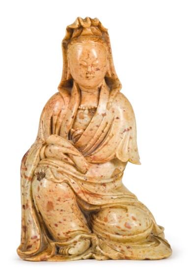 View full screen - View 1 of Lot 46. FOUR CARVED SOAPSTONE FIGURES | QING DYNASTY, 19TH CENTURY AND LATER | 清十九世紀 壽山石雕坐像一組四件 .