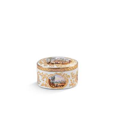 View full screen - View 1 of Lot 689. A German porcelain oval snuff box and cover, with gold and gilt-metal mounts, circa 1765, perhaps Ludwigsburg.