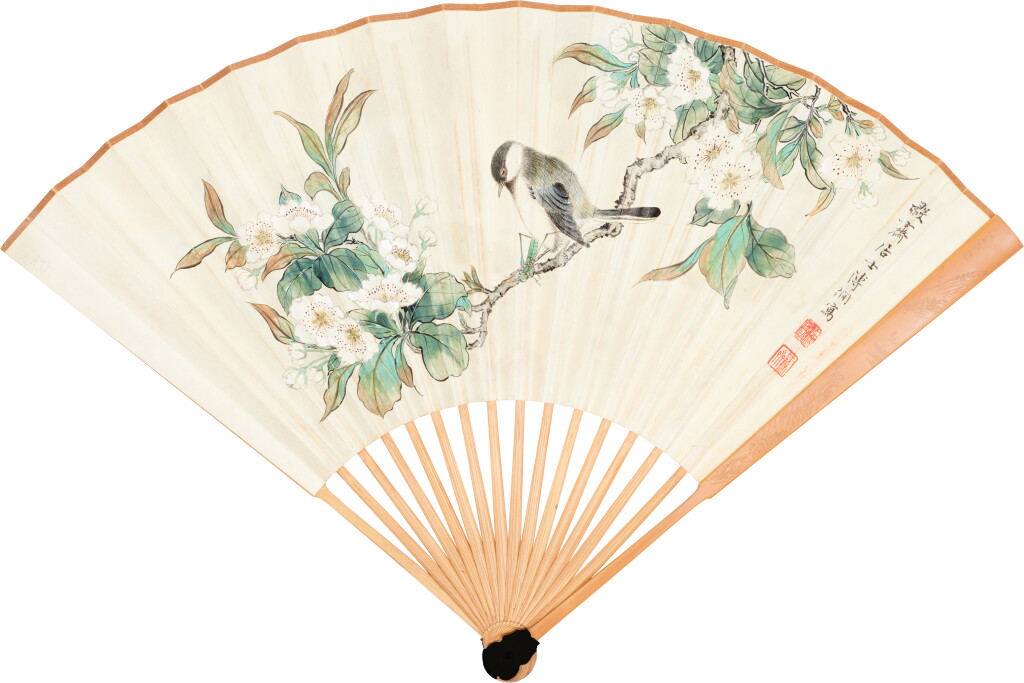 View full screen - View 1 of Lot 889. 溥僩 梨花小鳥,黃均 美人閒釣 | Pu Xian, Perching on Pear Tree Branch.