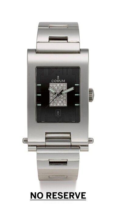 View full screen - View 1 of Lot 80. CORUM | TABOGAN, REFERENCE 145.151.20 V390, A STAINLESS STEEL AND DIAMOND-SET BRACELET WATCH WITH DATE, CIRCA 1998.