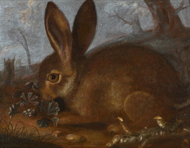 View full screen - View 1 of Lot 338. A rabbit in a landscape eating an alchemilla leaf.