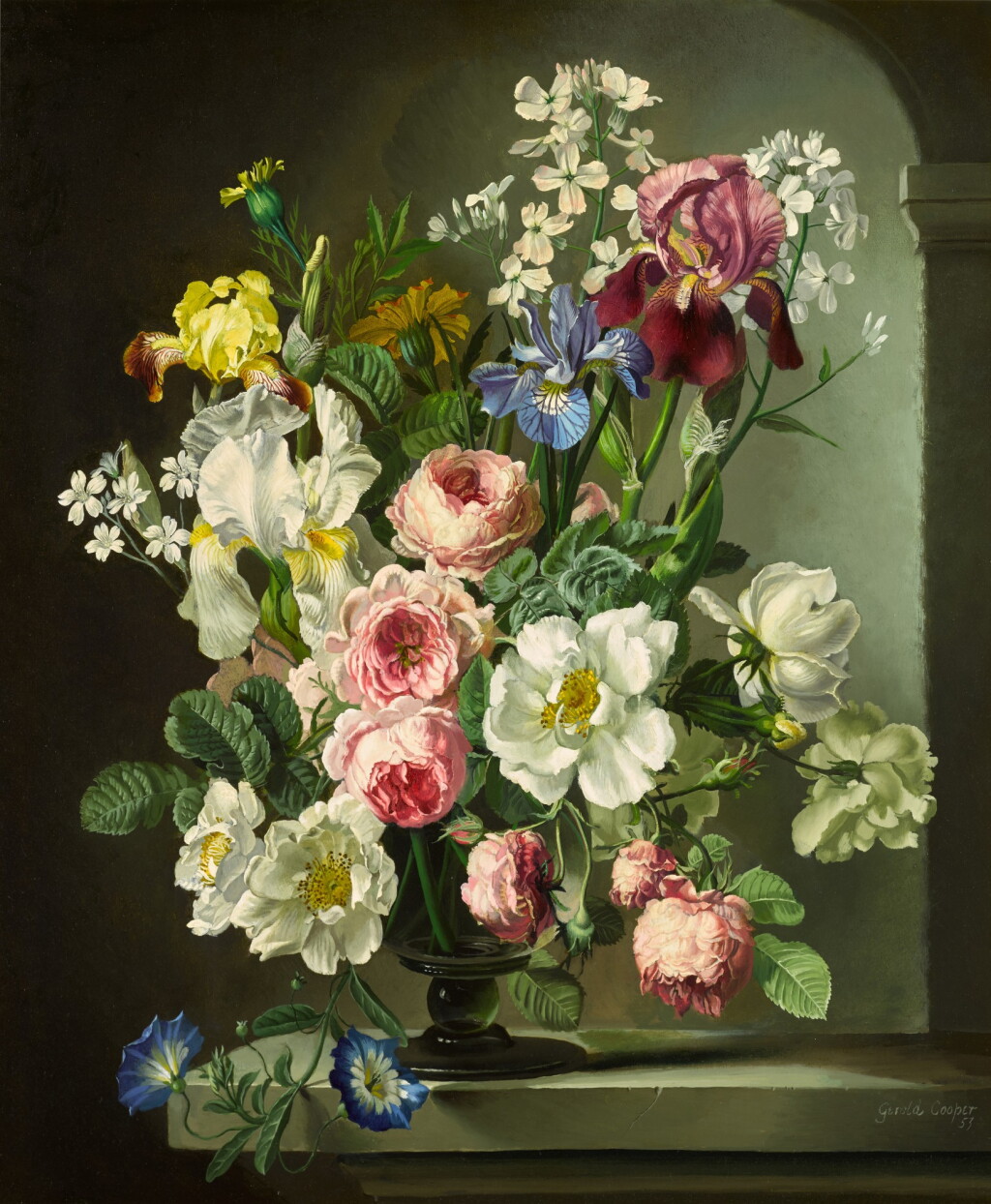 View full screen - View 1 of Lot 77. Still life with Irises and Roses in a Glass Goblet.