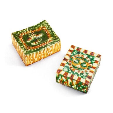 View full screen - View 1 of Lot 330. Two sancai 'mandarin ducks' pillows, Tang dynasty 唐 三彩鴛鴦紋長方枕一組兩件.