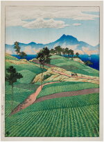 Kawase Hasui (1883-1957) | The Onsen Range Seen from Amakusa (Amakusa yori mitaru Onsengadake) | Taisho period, early 20th century