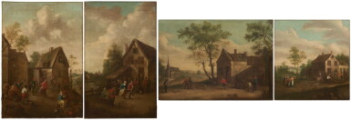 View full screen - View 1 of Lot 1114. A set of four village scenes with figures playing games and making merry.