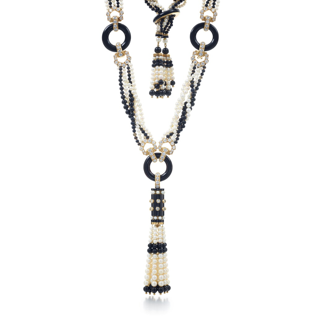 View full screen - View 1 of Lot 501. Onyx, Cultured Pearl and Diamond Sautoir.