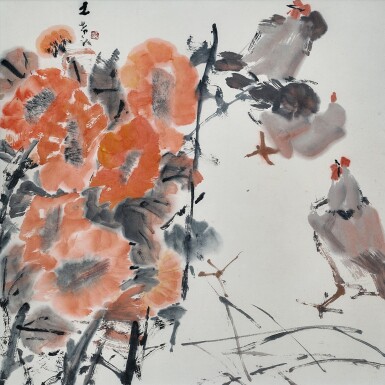 View full screen - View 1 of Lot 6207. Chen Wen Hsi 陳文希 | Flowers and chickens 花與雞.
