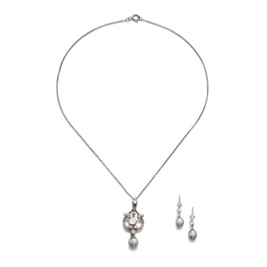 View full screen - View 1 of Lot 943. Natural pearl and diamond necklace and a pair of earrings.