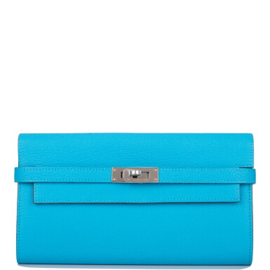 View full screen - View 1 of Lot 75. Hermès Bleu Aztec Kelly Long Wallet of Chevre Leather with Palladium Hardware.