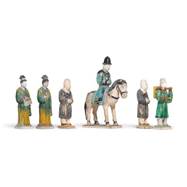 View full screen - View 1 of Lot 96. A group of six painted pottery figures, Ming dynasty | 明 彩繪陶俑 一組六件.