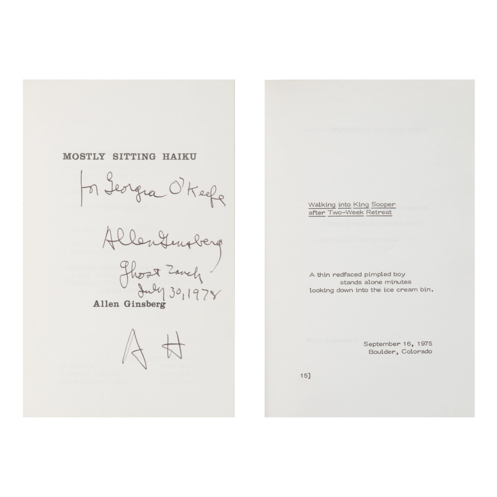 View full screen - View 1 of Lot 51. ALLEN GINSBERG | MOSTLY SITTING HAIKU. (PATERSON, NEW JERSEY: FROM HERE PRESS, 1978); PRESENTATION COPY.