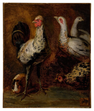 View full screen - View 1 of Lot 48. A rooster, three chickens, and a guinea pig.