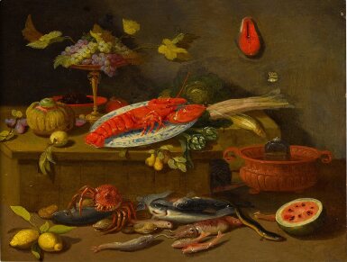 View full screen - View 1 of Lot 31. Still life of lobster on a Wanli dish beside a tazza of grapes, fish, fruit, and vegetables.