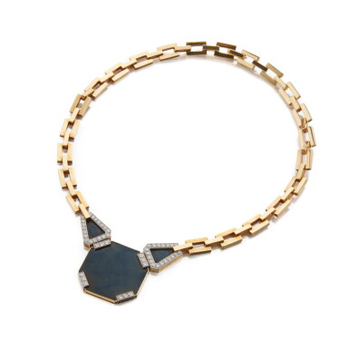 View full screen - View 1 of Lot 89. Gold, Onyx and Diamond Necklace.