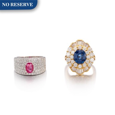 View full screen - View 1 of Lot 1561. SAPPHIRE AND DIAMOND RING; AND RUBY AND DIAMOND RING | 3.32卡拉 藍寶石 配 鑽石 戒指;及 1.26卡拉 紅寶石 配 鑽石 戒指.