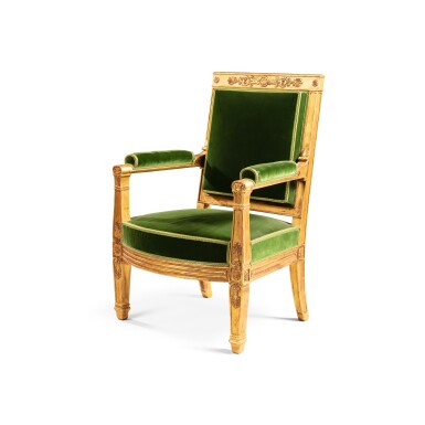 View full screen - View 1 of Lot 204. An Empire giltwood fauteuil d'apparat, circa 1805, stamped by Pierre-Benoît Marcion, from the Château de Saint-Cloud | Fauteuil d'apparat en bois doré d'époque Empire, vers 1805, estampillé par Pierre-Benoît Marcion, provenant du Château de Saint-Cloud.