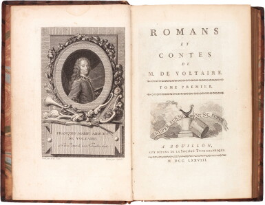 View full screen - View 1 of Lot 338. Voltaire | Romans et contes, Bouillon, 1778, 3 volumes, contemporary marbled calf.