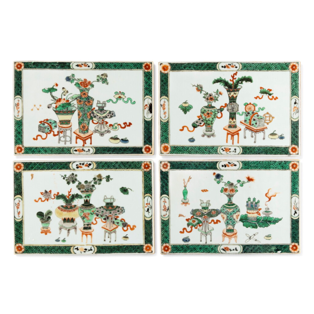 View full screen - View 1 of Lot 705. A set of four famille-verte 'hundred antiques' plaques, Qing dynasty, 19th century | 清十九世紀 五彩博古圖瓷板一組四件.