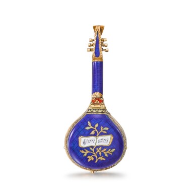 View full screen - View 1 of Lot 1328. A gold, enamel and diamond-set verge watch in the form of a mandolin Circa 1875.