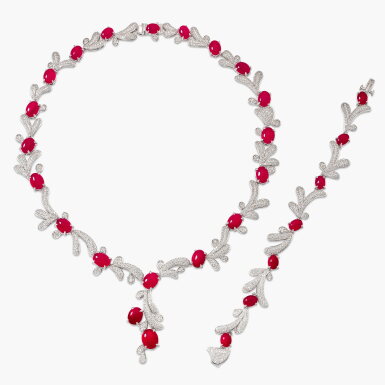 View full screen - View 1 of Lot 1769. Ruby and Diamond Demi-Parure | 紅寶石 配 鑽石 項鏈 及手鏈套裝 (紅寶石共重約83.39克拉).