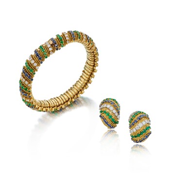 View full screen - View 1 of Lot 209. Gold, Emerald, Sapphire and Diamond Bracelet and Pair of Earclips.