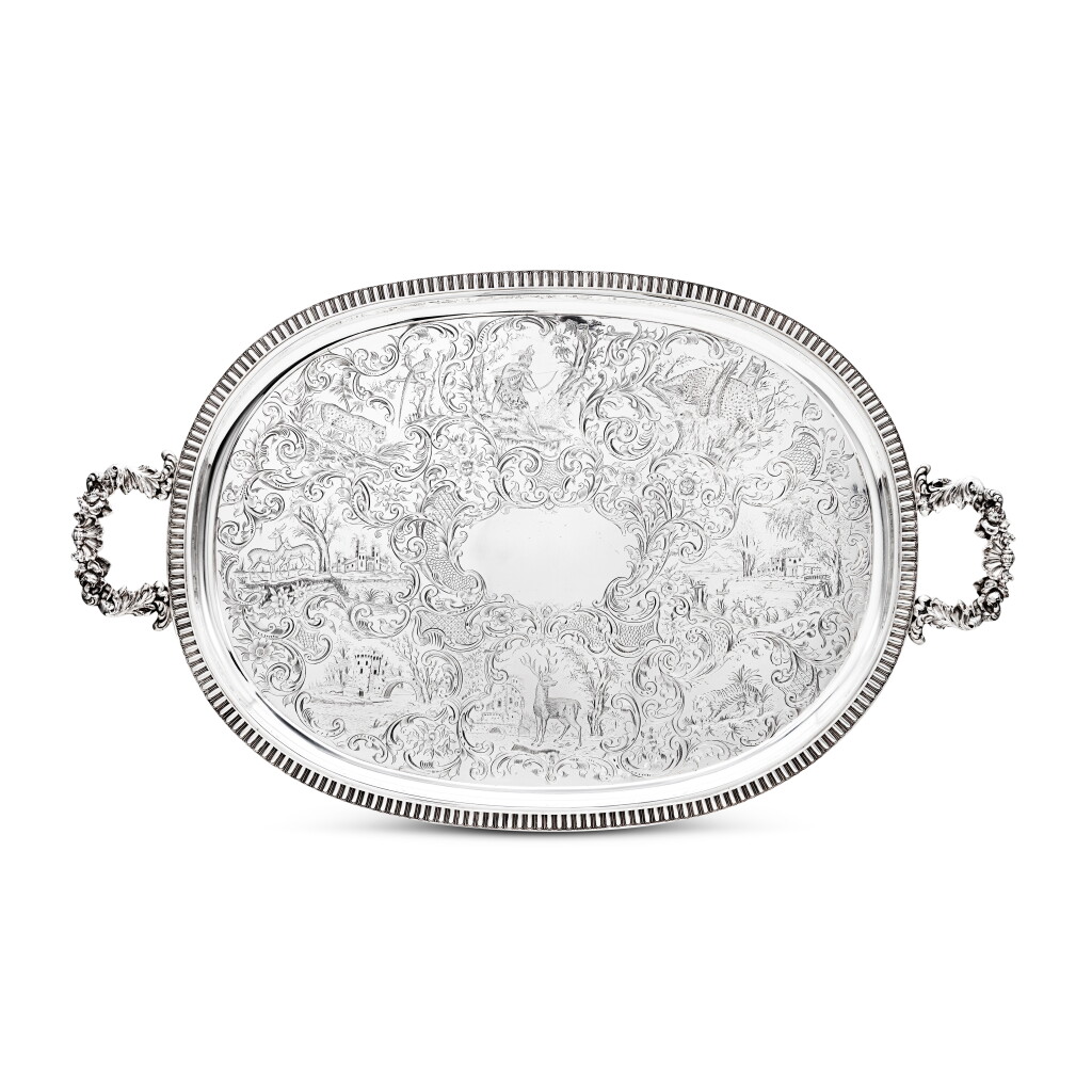 View full screen - View 1 of Lot 159. A Massive American Silver Two-Handled Tray with Engraved Zoological Scenes, William Gale & Son, New York, 1851.