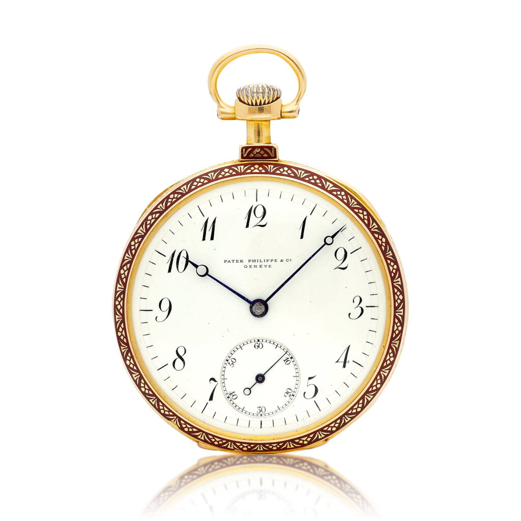 View full screen - View 1 of Lot 8281. A pink gold and enamel openface keyless watch with tinted enamel dial, Made in 1895 | 百達翡麗 粉紅金及琺瑯懷錶,備琺瑯錶盤,1895年製.
