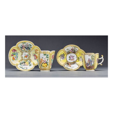 View full screen - View 1 of Lot 352. A MEISSEN YELLOW-GROUND QUATREFOIL CUP AND A SAUCER AND A RARE CHINESE EXPORT FAMILLE-ROSE QUATREFOIL BEAKER AND SAUCER CIRCA 1740 AND QING DYNASTY, TONGZHI PERIOD, CIRCA 1865 | 約1740年 邁森開光黃地花卉人物圖海棠式盃連盞 清同治 約1865年 粉彩開光黃地花卉人物圖海棠式盃連盞 .