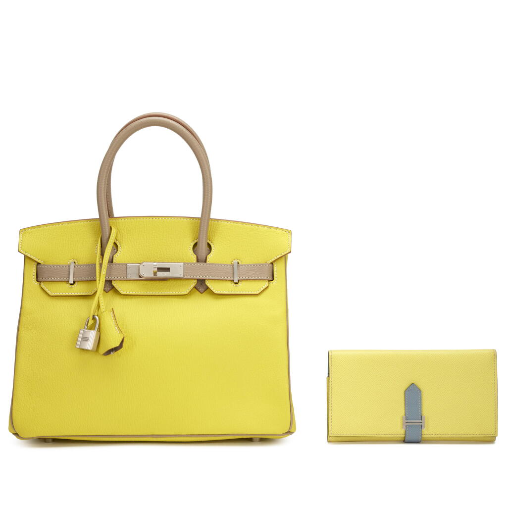 View full screen - View 1 of Lot 118. Set of Two Lime and Gris Tourterelle Chèvre HSS Birkin 30 Brushed Palladium Hardware, 2014 and Lime and Bleu Lin Epsom Bearn Wallet Palladium Hardware, 2011.