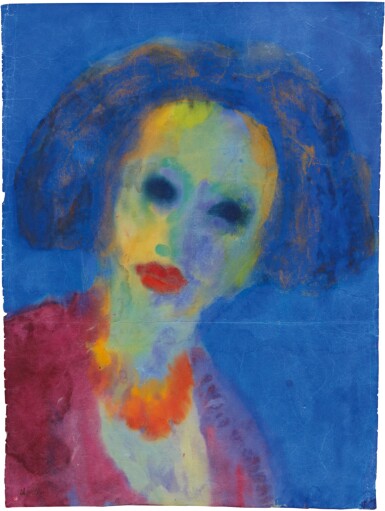 View full screen - View 1 of Lot 212. EMIL NOLDE | FRAUENKOPF (BLAUER GRUND) (HEAD OF A WOMAN (BLUE GROUND)).