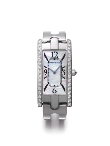 View full screen - View 1 of Lot 61. HARRY WINSTON | REF 330LQW, A WHITE GOLD AND DIAMOND-SET RECTANGULAR BANGLE WATCH CIRCA 2005.