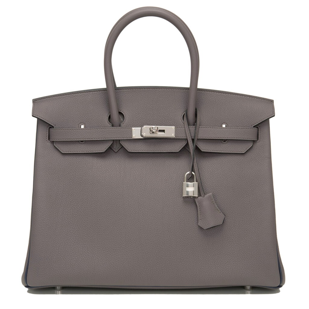 View full screen - View 1 of Lot 66. Hermès Horseshoe Stamped (HSS) Bi-color Etain and Bleu Nuit Birkin 35cm of Togo Leather with Palladium Hardware.