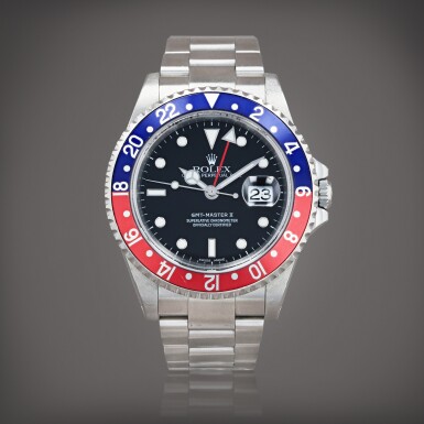 View full screen - View 1 of Lot 649. GMT-Master II 'Pepsi', reference 16710 Montre bracelet à double fuseau horaire en acier avec date | Stainless steel dual time zone wristwatch with date and bracelet Vers 2002 | Circa 2002.