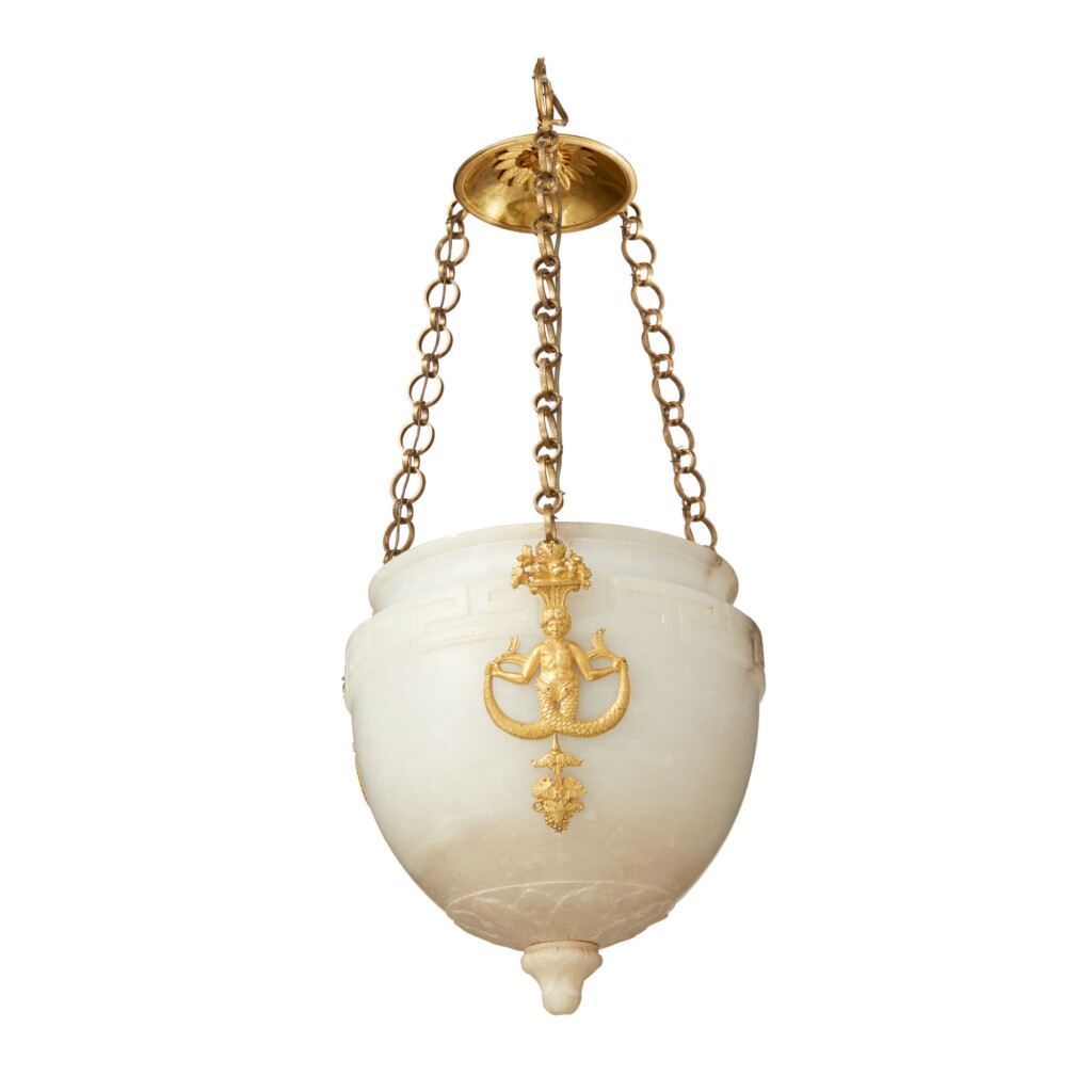 View full screen - View 1 of Lot 829. AN EMPIRE GILT BRONZE-MOUNTED ALABASTER CEILING LIGHT, CIRCA 1810.
