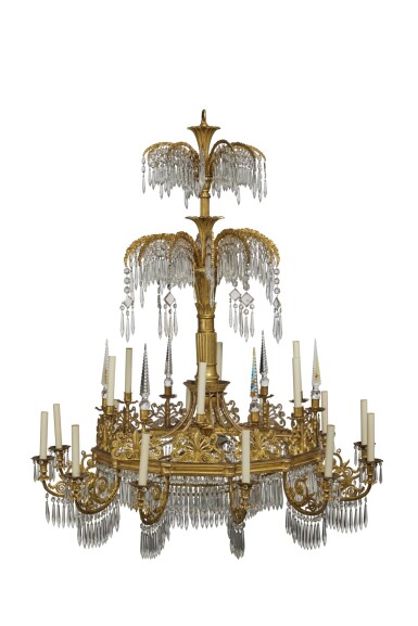 View full screen - View 1 of Lot 114. A German Neoclassical Gilt-Metal, Bronzed Wood and Cut-Glass Mounted Twenty-Four Light Chandelier, After a Design by Karl Friedrich Schinkel, Circa 1835 .