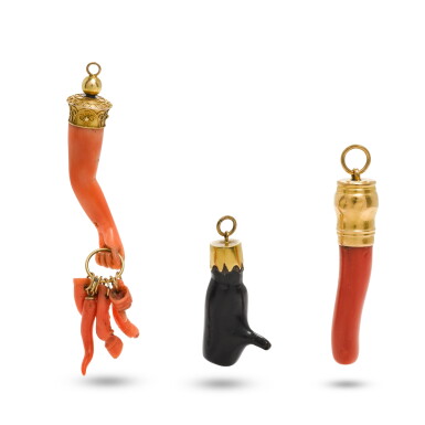 View full screen - View 1 of Lot 32. Three gold-mounted coral pendants, Italy and England, possibly 17th century and later.