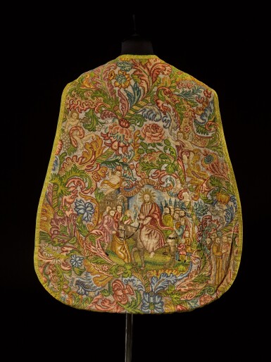 View full screen - View 1 of Lot 250. A fine and rare petit point needlework chasuble, probably French, circa 1740-50.