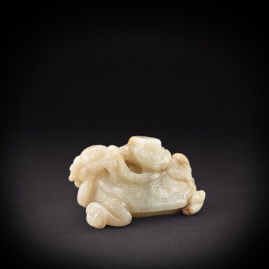 View full screen - View 1 of Lot 6871. A mottled grey and russet jade 'dragon tortoise and book' group, Ming dynasty | 明 灰白玉龍龜馱書.