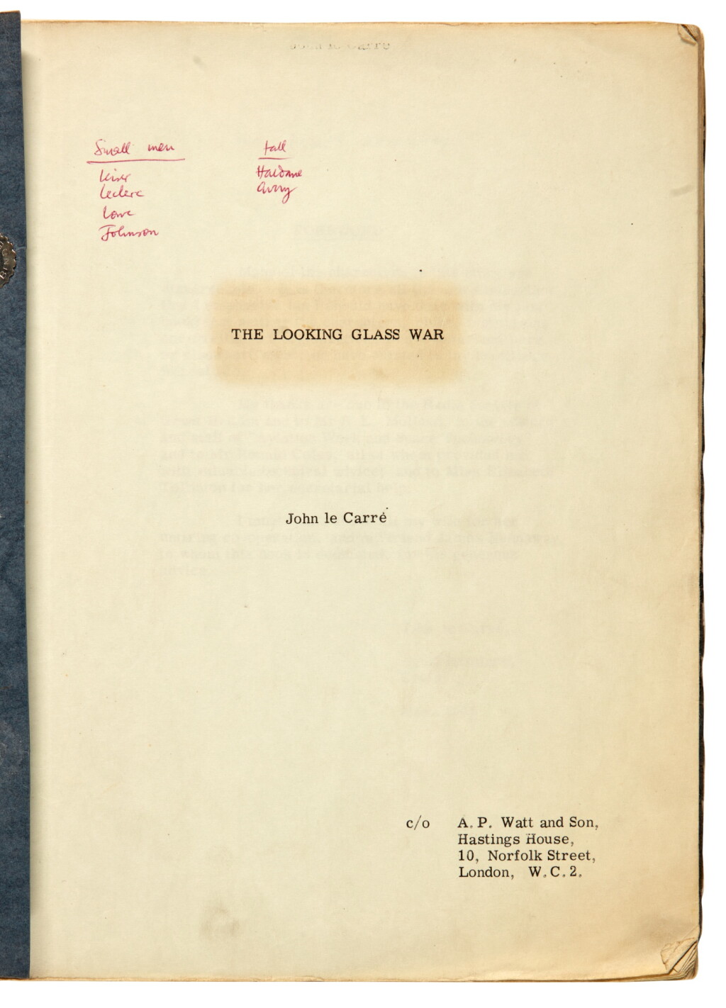 View full screen - View 1 of Lot 341. John le Carré | The Looking Glass War, corrected typescript, 1965.