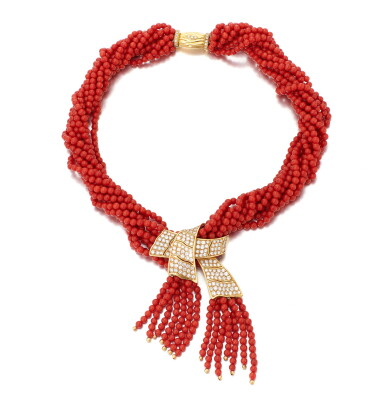View full screen - View 1 of Lot 146. BULGARI | CORAL AND DIAMOND NECKLACE (COLLANA IN CORALLO E DIAMANTI).