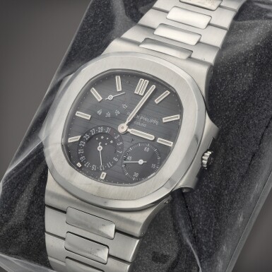 View full screen - View 1 of Lot 68. Nautilus 'Three Dots', Reference 3712/1A-001 | A factory sealed stainless steel wristwatch with date, moon phases, power reserve indication and bracelet | Circa 2005.