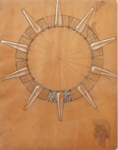 View full screen - View 1 of Lot 11. Dessin préparatoire pour le collier "Libellules et Fougères" | Preparatory drawing for the 'Dragonflies and Ferns' necklace.